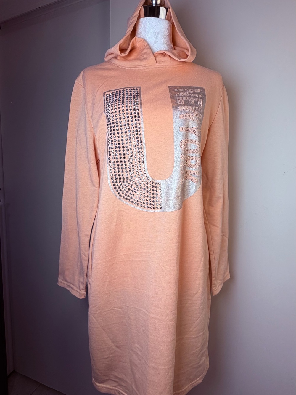 Peach Hooded Dress with Embellished 'U' Detail